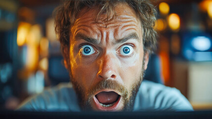 Close-up portrait of a man with wide blue eyes and shocked expression, illuminated by warm ambient light