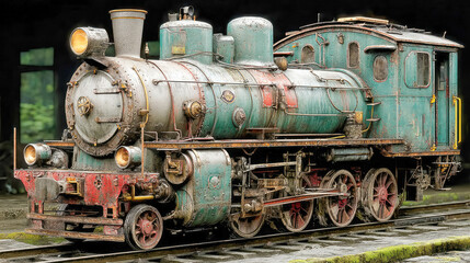 Naklejka premium Detailed vintage steam locomotive with a weathered blue exterior, showcasing antique industrial design and engineering