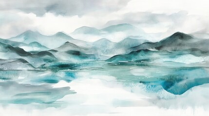 Obraz premium Misty mountain range landscape painted in soft tones.