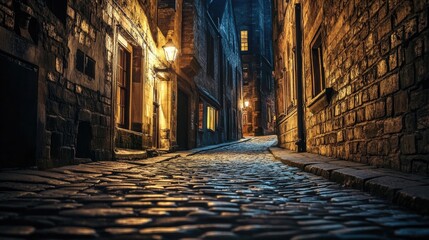 Mysterious Cobblestone Alley At Night, Illuminated By Vintage Streetlights.