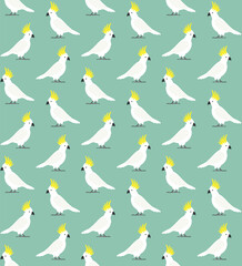 Vector seamless pattern of flat hand drawn cockatoo parrot isolated on green background