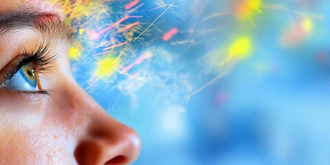 Woman experiencing augmented reality with colorful lights and network connections