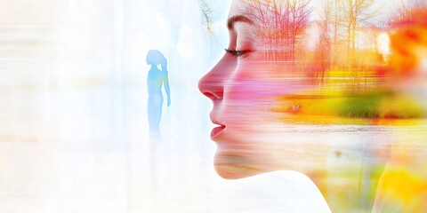 Woman relaxing and meditating with her inner self in a colorful landscape