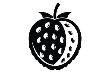 Simple Black and White Icon of a Raspberry with Seed Details and Stem