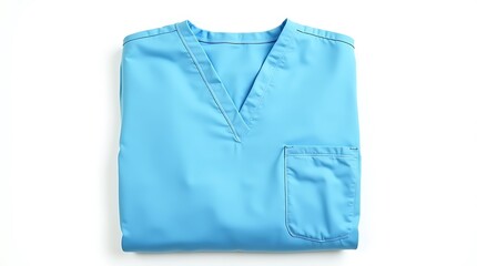 Folded light blue nursing scrubs with visible pockets on solid white background