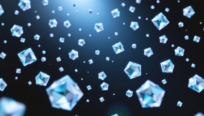 Floating geometric crystals in a dark, shimmering background.