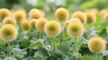 Stunning Pale Yellow Globe Thistle Flowers Field