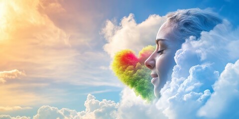 Woman relaxing with closed eyes and heart shaped rainbow tree in a cloudy sky