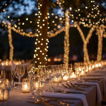events reception outdoor evening soiree gentle fairy light ambience natural setting clear subject premium focus