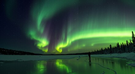 Aurora Borealis landscape in breathtaking vivid hues celestial display over frozen lake at night

