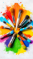 Obraz premium Colorful paintbrushes arranged around a vibrant color wheel
