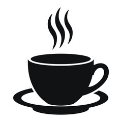 This is a clean, minimalist vector illustration of a coffee cup and saucer, featuring steam rising.