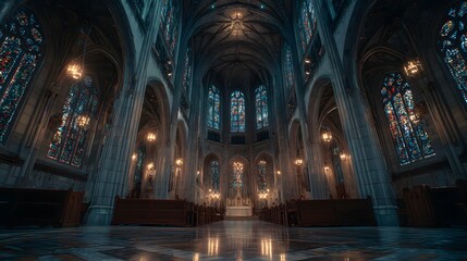 Fototapeta premium Architectural grandeur inside an empty cathedral with stained glass and marble floors.