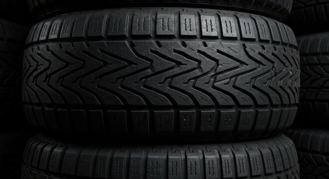 Stacked car tires representing vehicle safety and road grip, tread pattern visible