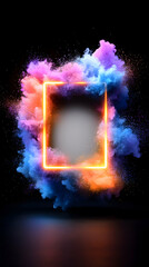 Neon rectangle frame enveloped by vibrant, colorful smoke clouds