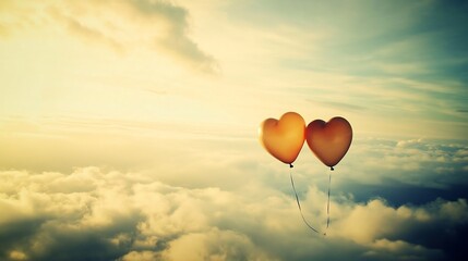 Fototapeta premium Pair of entwined balloons floating upward into a dreamy sky symbol of joy release and emotional lift in friendship