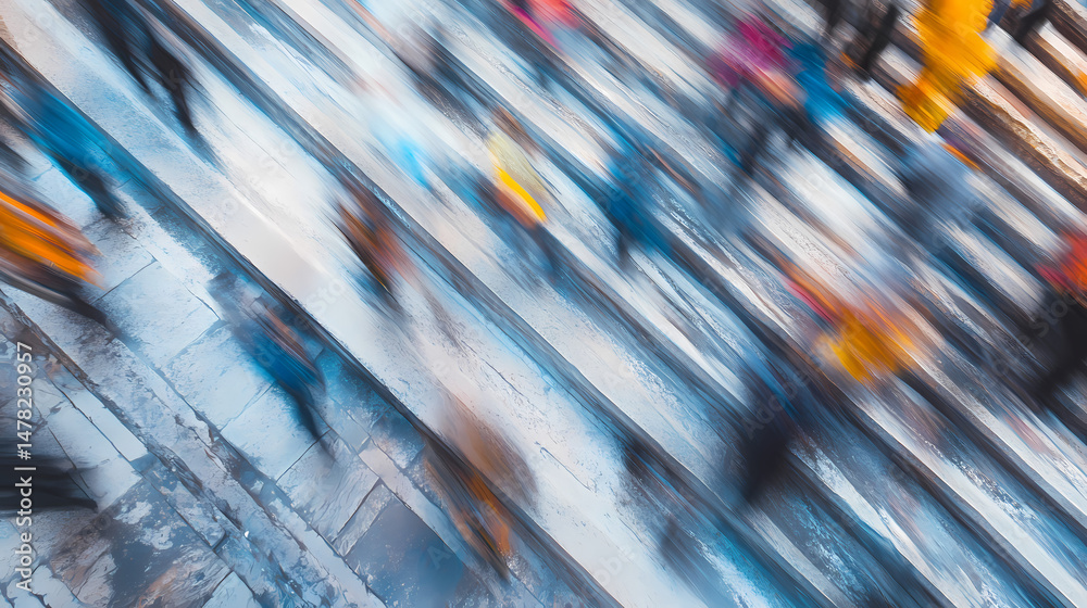 Wall mural blurred commuters descending granite steps in urban setting motion blur abstract top down view. [hol