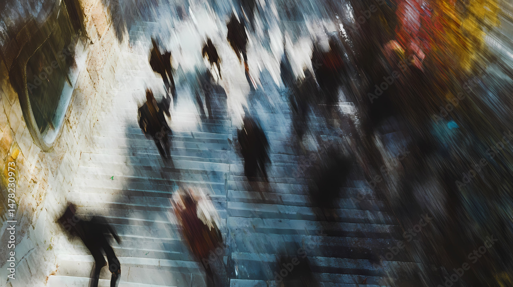 Wall mural blurred commuters descending granite steps in urban setting motion blur abstract top down view. [hol