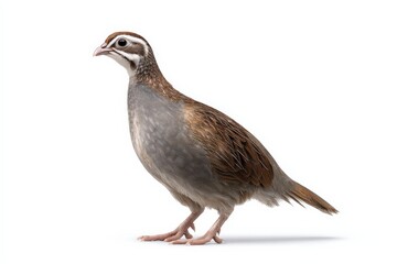 Obraz premium A beautiful gray and brown bird stands against a white background.
