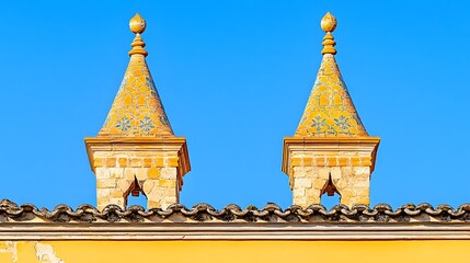 Fototapeta premium Ornate Twin Towers on Yellow Building Roof Architectural Detail