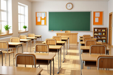 The school classroom interior features wooden desks and chairs, creating a learning space with a window