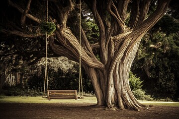 Shared swing hanging from a large tree gently moving in the breeze representing carefree companionship and timeless bonds