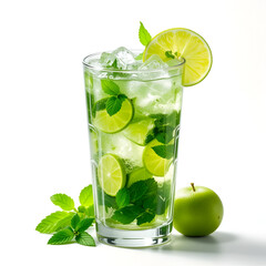 Fototapeta premium A classic Mojito crisply lit served on white against green garnishes in tall glass sharp refreshing --169 --logo free