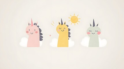 Cute Cartoon Unicorns on Clouds Illustration