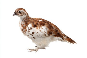 Fototapeta premium A stunning Rock Ptarmigan, showcasing its intricate plumage against a pristine white backdrop.