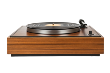 PNG Vintage wooden turntable with vinyl record and classic design