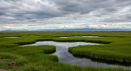 Wetland landscape reflecting natural beauty and serenity, featuring green grass and water