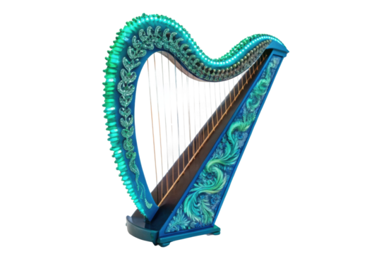 PNG Ornate blue green harp with intricate design and glowing details