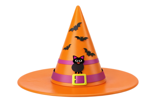 PNG Orange halloween witch hat with black cat and bats design