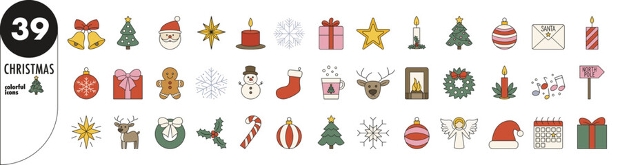 Christmas - thin line icons set, colorful fill. Santa, reindeer, gift, snowman, snowflake, wreath, candle, star, ornament, letter, gingerbread cookie, christmas tree, angel, xmas, vector illustration