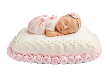PNG Sleeping baby cake design: pink decorated pillow with adorable sleeping infant