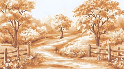 Sepia toned landscape painting, winding path through autumnal trees and wooden fences