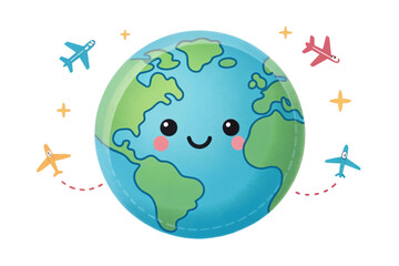 Naklejka premium PNG Cute cartoon earth with smiling face and airplanes