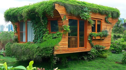 Eco-friendly wooden house with lush greenery