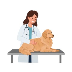 A friendly veterinarian examines a Golden Retriever dog on an examination table during a checkup appointment showcasing veterinary care and animal health.