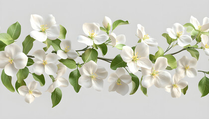 Obraz premium White blossoms and green leaves are arranged in a corner on a white background