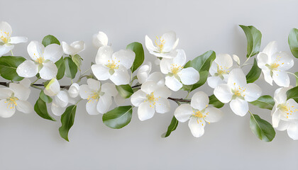 Fototapeta premium White blossoms and green leaves are arranged in a corner on a white background