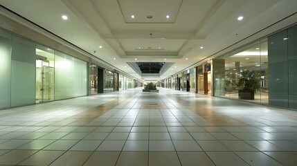 Obraz premium Minimalist interior of modern shopping center with clean walkways and soft ambient lighting creating a serene and inviting atmosphere for shoppers.