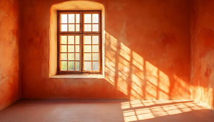 Obraz premium Warm hues and soft atmosphere are captured in interior room photography through angled perspective and sunlight shadows