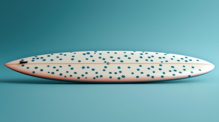 Polka-dotted surfboard against a blue background
