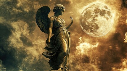 Fototapeta premium Angel Statue Under A Dramatic Moonlit Sky, Wings Outstretched. Evokes Mythology And A Sense Of Celestial Wonder.