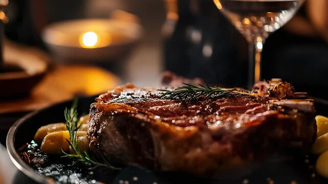 A piece of meat on a plate with a glass of wine in the background