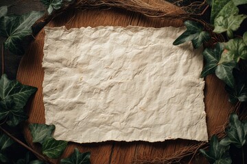 Aged parchment paper set against a rustic wooden backdrop.