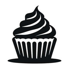 A stylized, black and white cupcake icon.