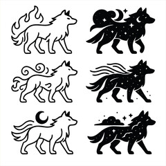 Naklejka premium Fantasy wolf silhouettes icons set – silhouette, mythical and creature symbols