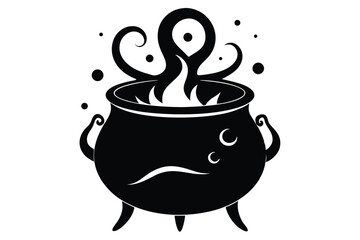 Cartoon Black Cauldron With Bubbles, Tentacles and Fire Illustration or Halloween Silhouette